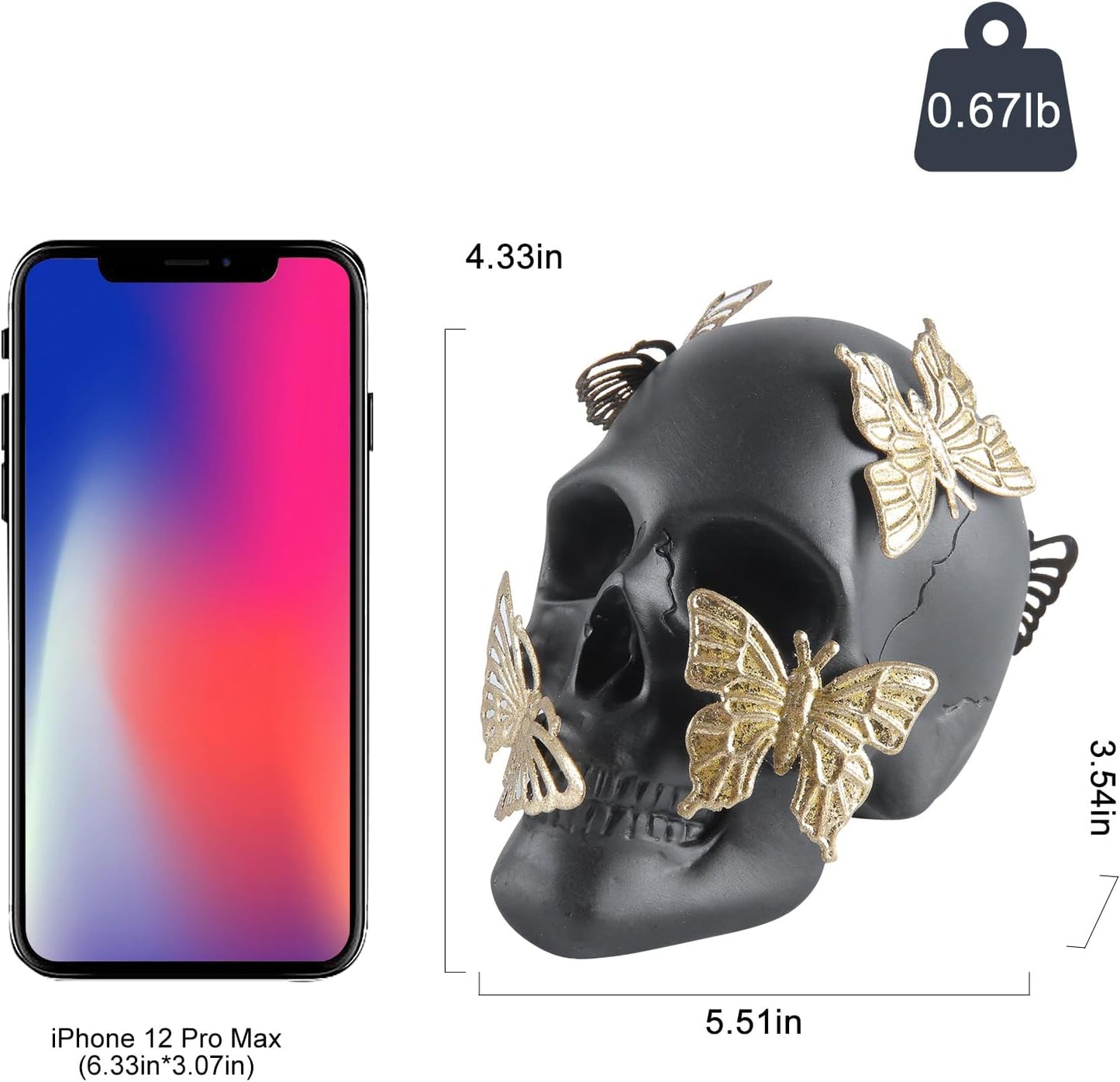 Black Skull Statue with Glod Butterfly,Halloween Decoration Home Decor Collectible Figurines (Small)