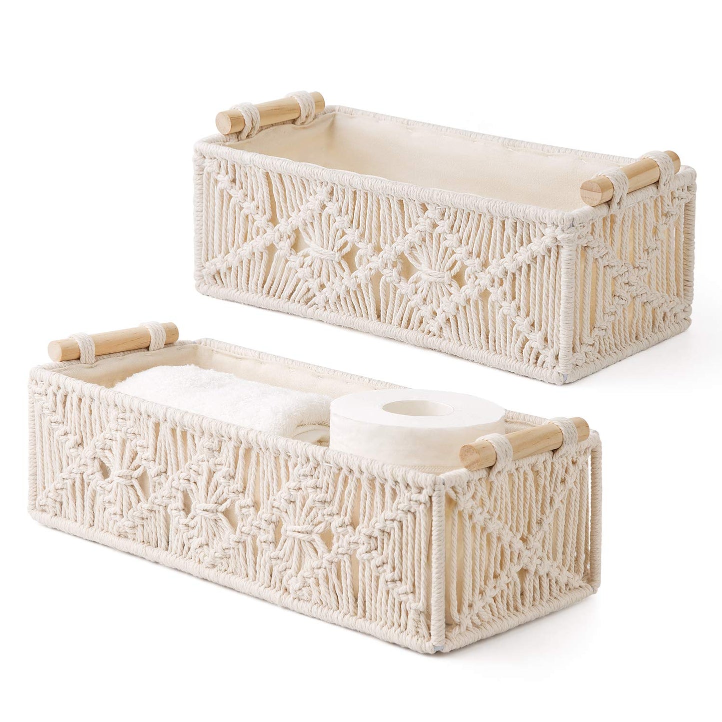 Mkono Macrame Storage Baskets Boho Decor Box Handmade Woven Decorative Countertop Toilet Tank Shelf Cabinet Organizer for Bedroom Livingroom Home, Set of 2, Brown