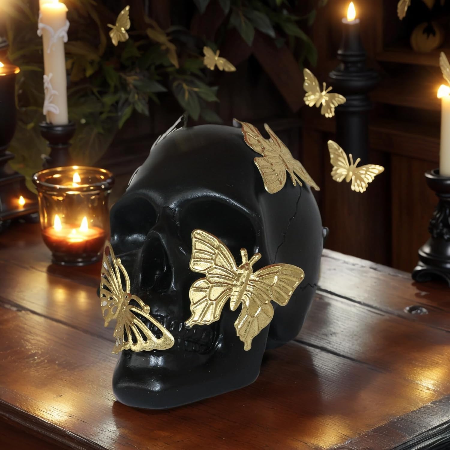 Black Skull Statue with Glod Butterfly,Halloween Decoration Home Decor Collectible Figurines (Small)