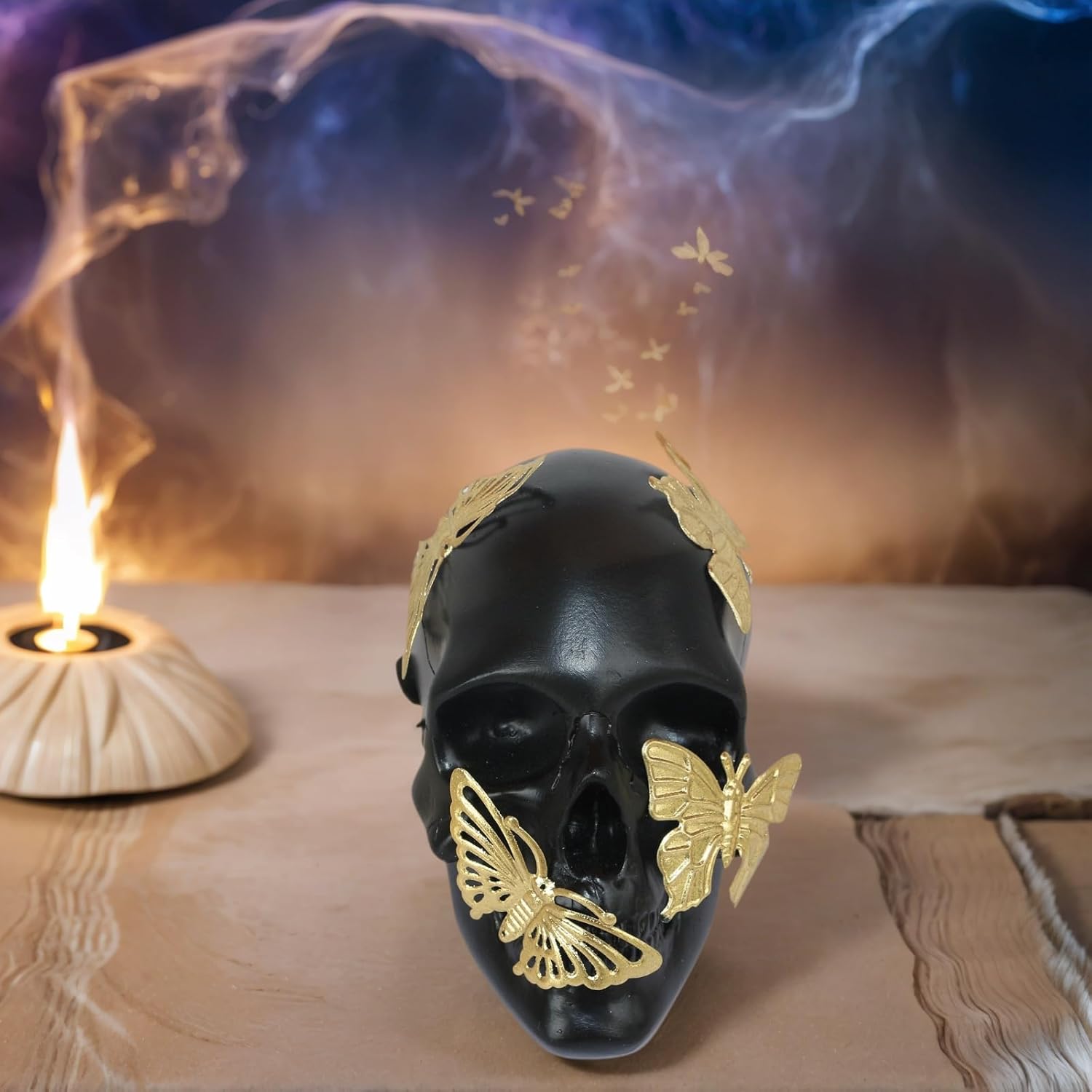 Black Skull Statue with Glod Butterfly,Halloween Decoration Home Decor Collectible Figurines (Small)