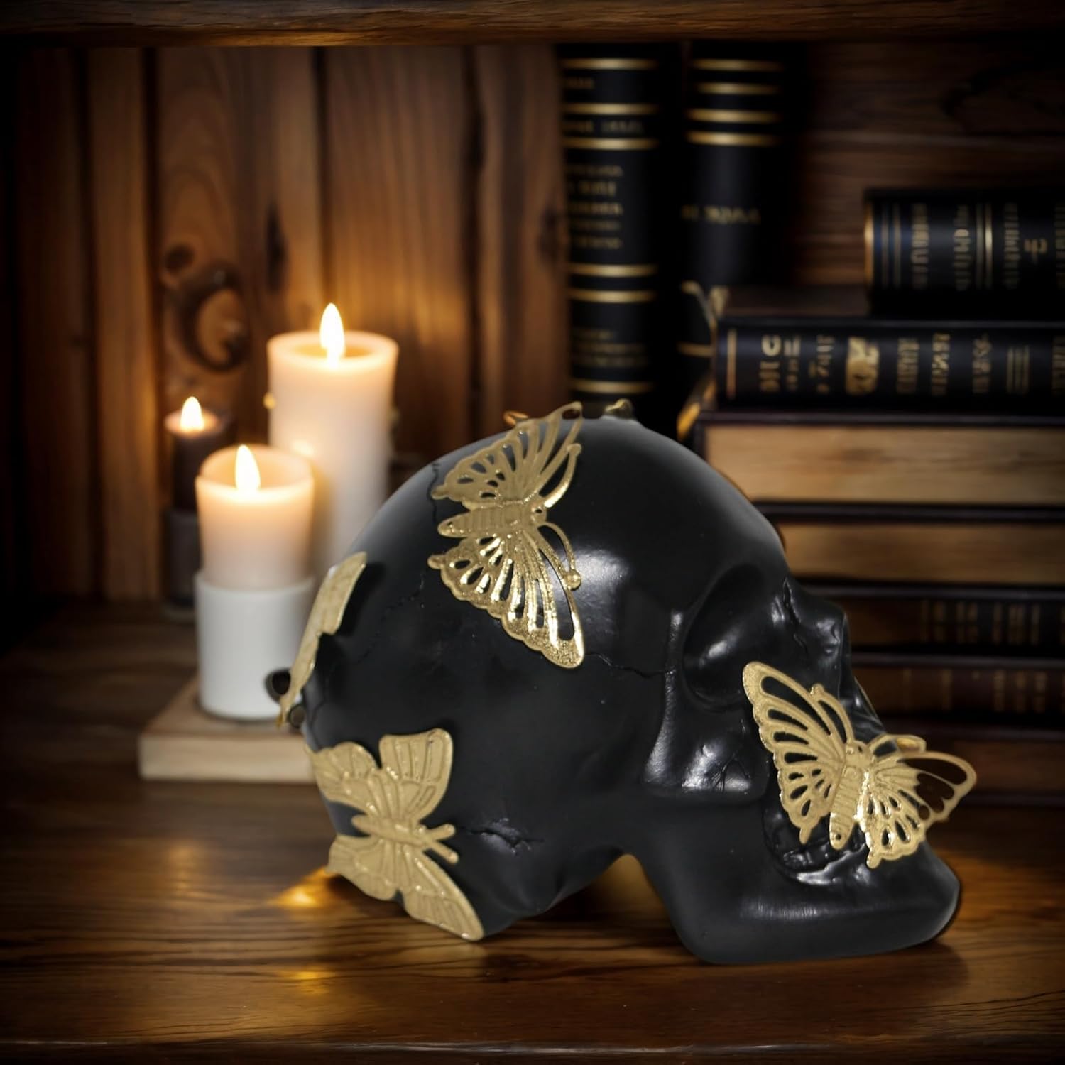 Black Skull Statue with Glod Butterfly,Halloween Decoration Home Decor Collectible Figurines (Small)