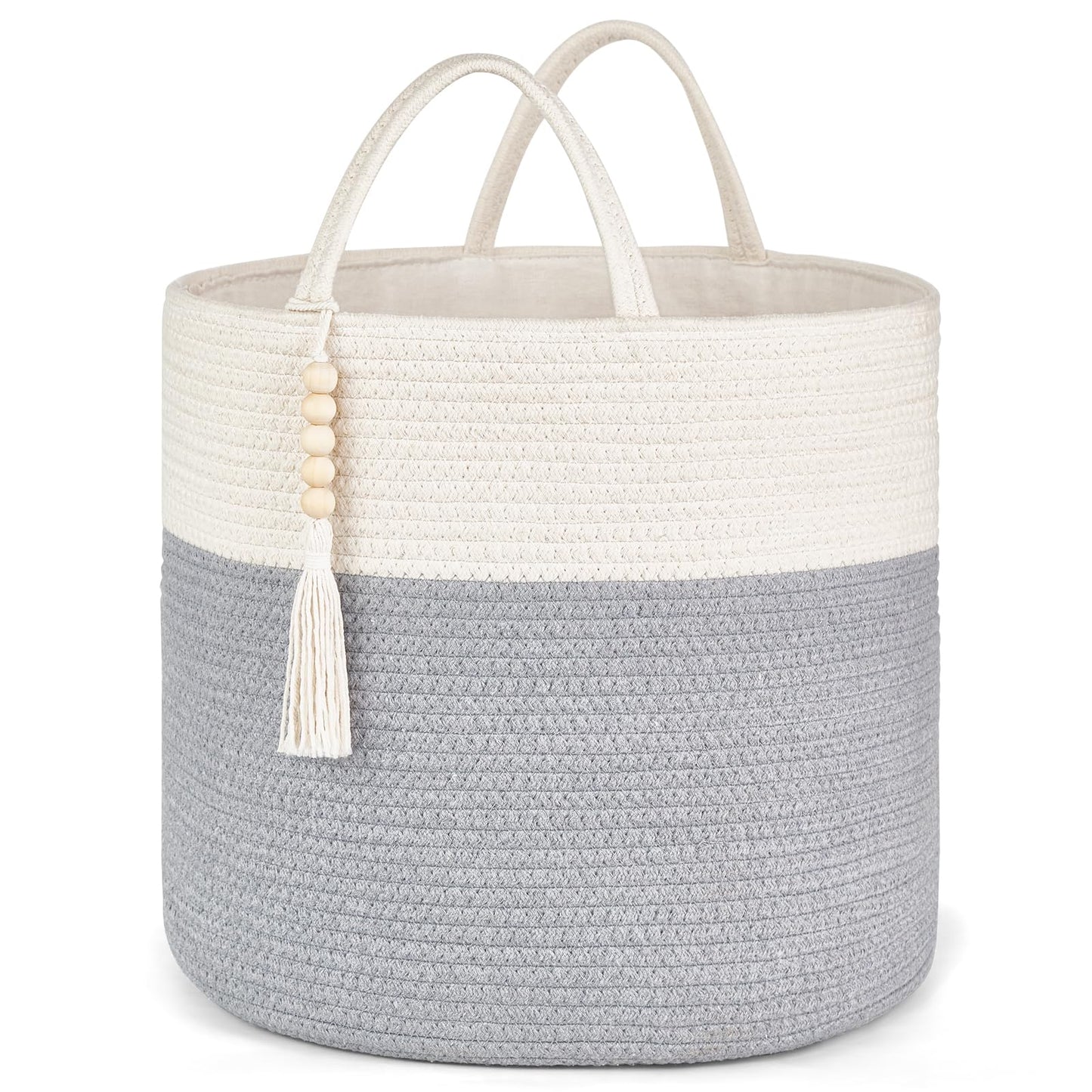 Mkono Woven Storage Basket Decorative Natural Rope Basket Wooden Bead Decoration for Blankets,Toys,Clothes,Shoes,Plant Organizer Bin with Handles Living Room Home Decor, Jute, 16" W × 13.8"L