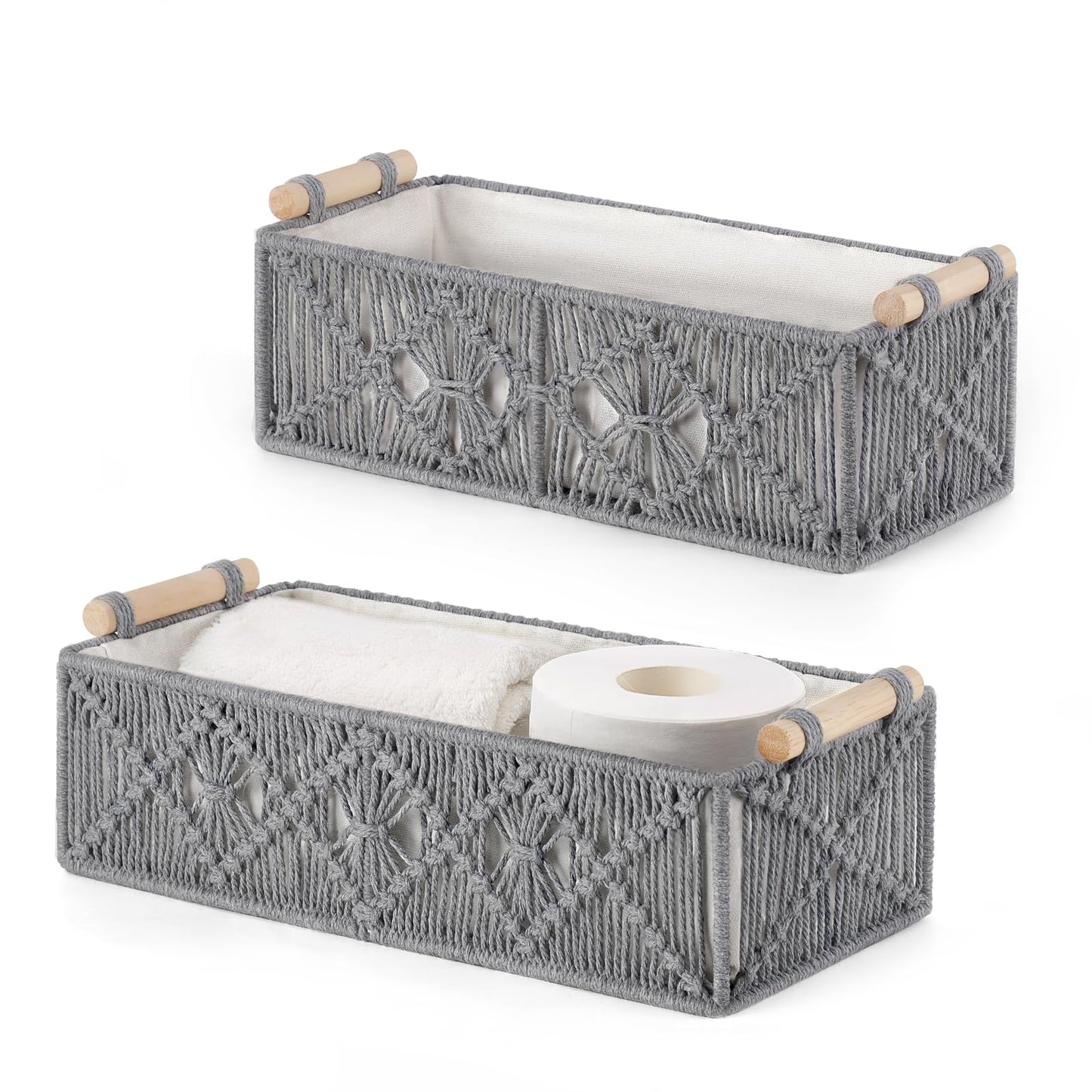 Mkono Macrame Storage Baskets Boho Decor Box Handmade Woven Decorative Countertop Toilet Tank Shelf Cabinet Organizer for Bedroom Livingroom Home, Set of 2, Brown