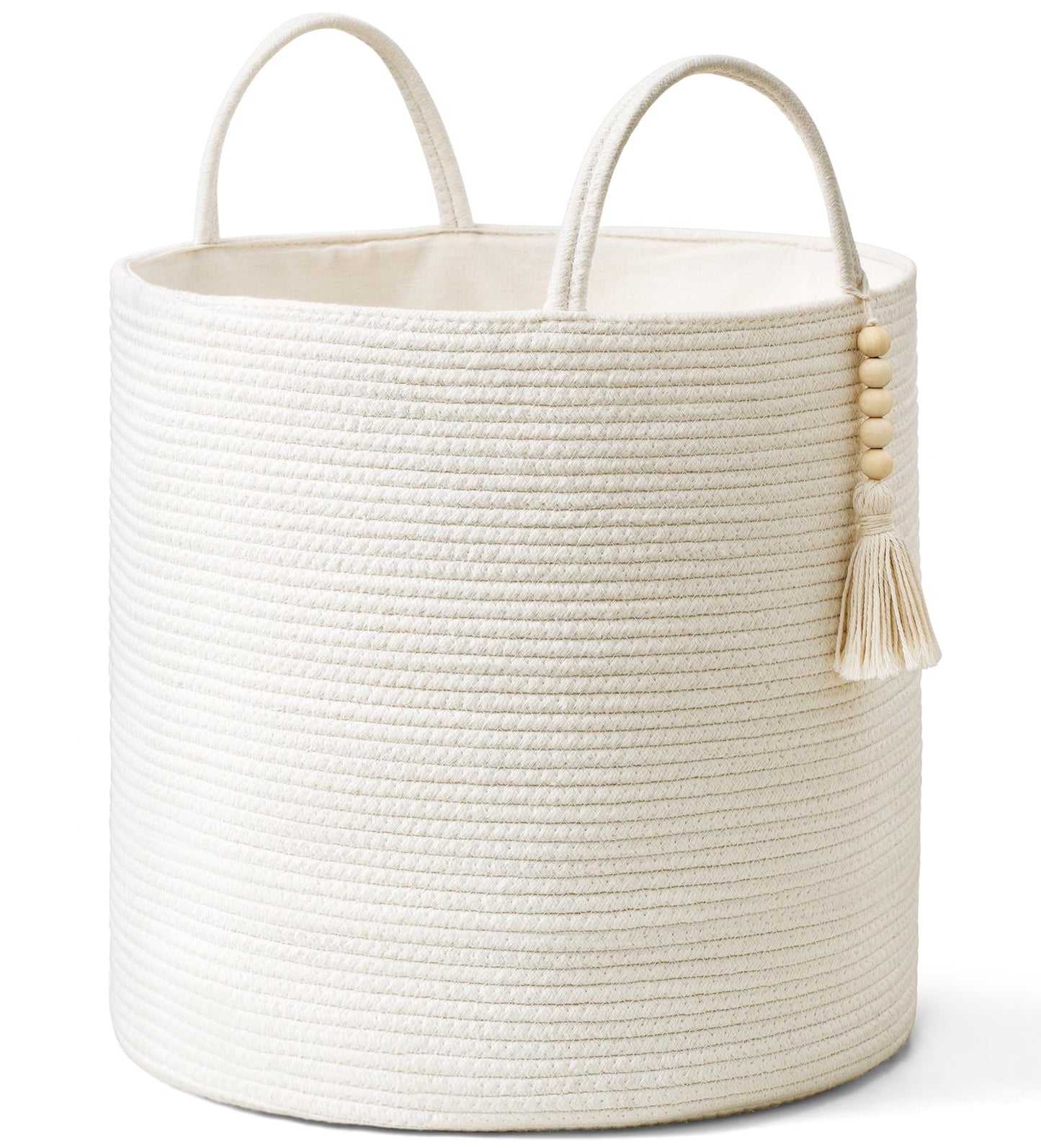 Mkono Woven Storage Basket Decorative Natural Rope Basket Wooden Bead Decoration for Blankets,Toys,Clothes,Shoes,Plant Organizer Bin with Handles Living Room Home Decor, Jute, 16" W × 13.8"L