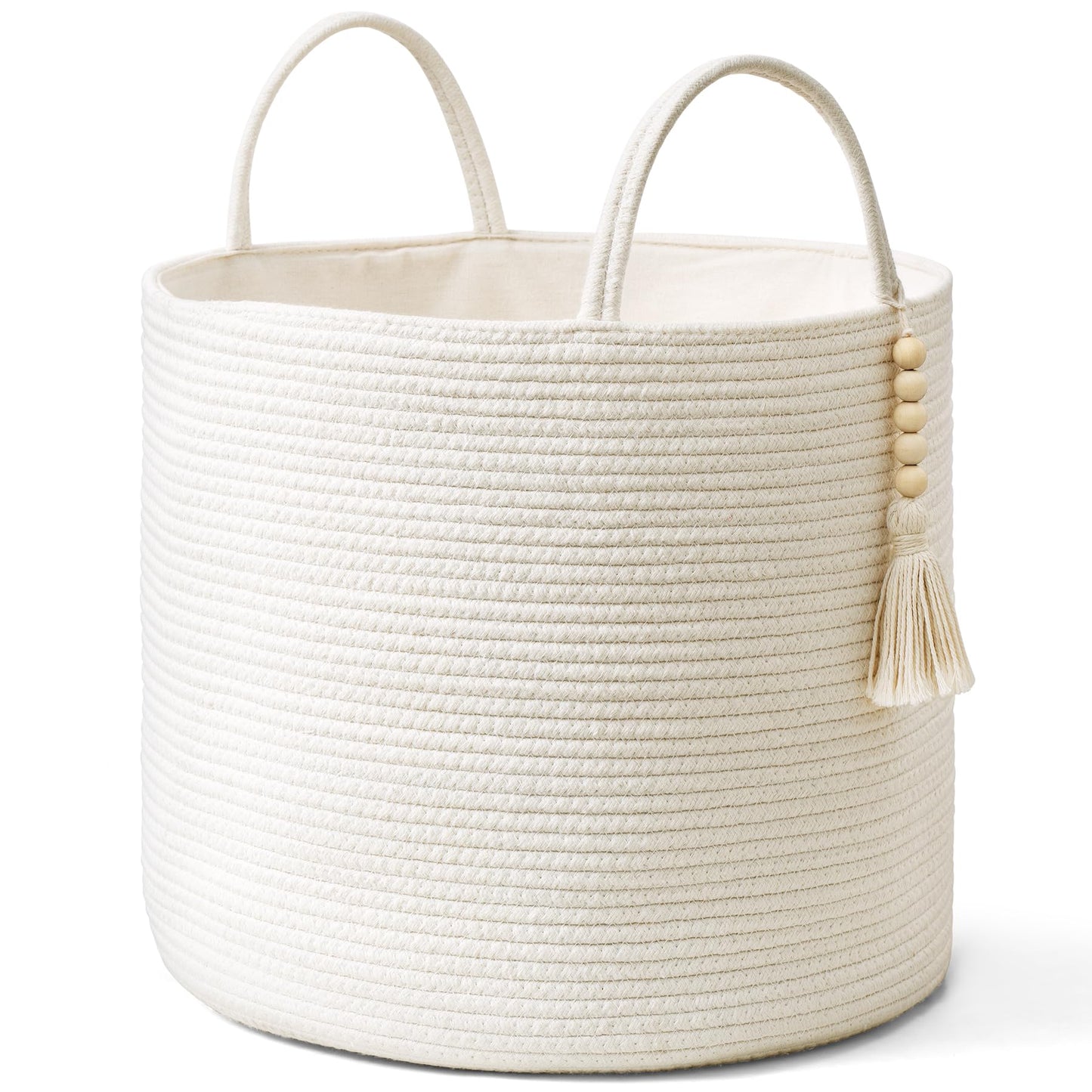 Mkono Woven Storage Basket Decorative Natural Rope Basket Wooden Bead Decoration for Blankets,Toys,Clothes,Shoes,Plant Organizer Bin with Handles Living Room Home Decor, Jute, 16" W × 13.8"L