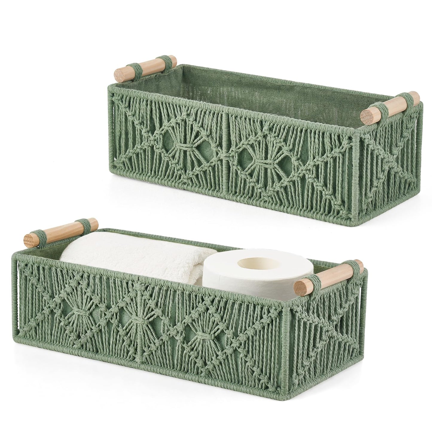 Mkono Macrame Storage Baskets Boho Decor Box Handmade Woven Decorative Countertop Toilet Tank Shelf Cabinet Organizer for Bedroom Livingroom Home, Set of 2, Brown