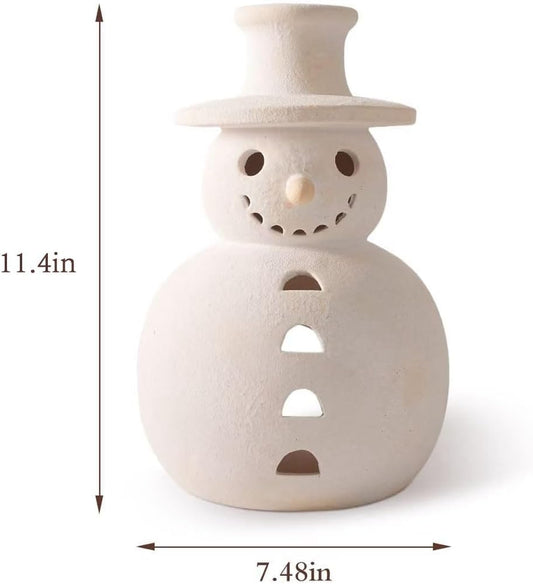 Christmas Decorations - Handmade Terracotta Snowman Figurines - 1 Pack White Clay Winter Decor Holiday Rustic Unique Decor for Home Table Room Farmhouse Indoor Outdoor - ONLY Size M