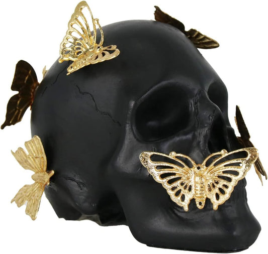 Black Skull Statue with Glod Butterfly,Halloween Decoration Home Decor Collectible Figurines (Small)