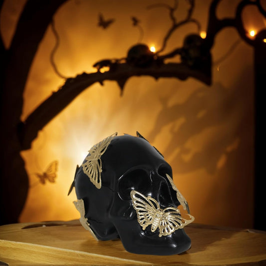 Black Skull Statue with Glod Butterfly,Halloween Decoration Home Decor Collectible Figurines (Small)