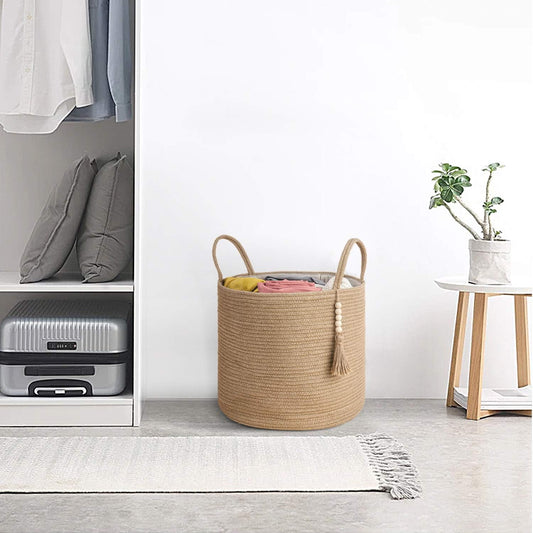 Mkono Woven Storage Basket Decorative Natural Rope Basket Wooden Bead Decoration for Blankets,Toys,Clothes,Shoes,Plant Organizer Bin with Handles Living Room Home Decor, Jute, 16" W × 13.8"L
